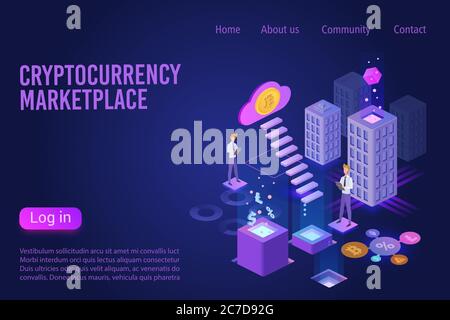 Modèle de vecteur isométrique de la page de renvoi du marché des crypto-monnaies. Technologie blockchain, concept 3d d'entreprise réseau. Cryptocoin. Argent numérique. Mise en page de la page d'accueil du site Web de paiement en ligne Illustration de Vecteur