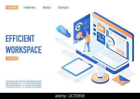 Modèle vectoriel isométrique de page de renvoi d'espace de travail efficace. Optimisation du flux de travail concept 3d. Formation et gestion d'équipe. Efficacité des processus métier, mise en page d'accueil du site Web des activités de travail Illustration de Vecteur