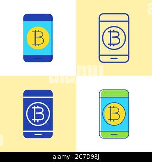 Smartphone avec icône en forme de bitcoin, à plat et au trait. Portefeuille de crypto-monnaies numériques et concept de paiement électronique. Illustration vectorielle. Illustration de Vecteur