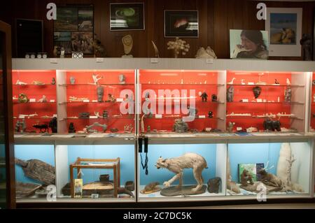 Exposition de sculptures et d'œuvres d'art inuites et autochtones au Musée Itsanitaq, à Churchill, au Manitoba, au Canada. Banque D'Images
