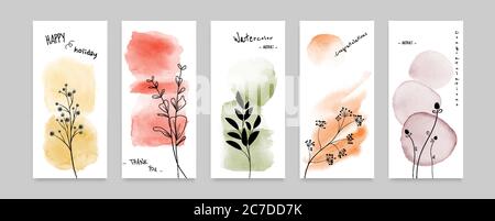 Ensemble de cartes motif fleurs d'automne abstrait en forme de doodle combiné à un arrière-plan aquarelle peint à la main. Vecteur artistique utilisé comme design décoratif o Illustration de Vecteur