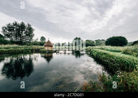 Pièges à anguilles et petite cabane de pêche au chaume sur la rivière Test, près du village de Longstock, Hampshire (Hants), Angleterre, Royaume-Uni Banque D'Images