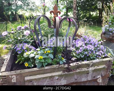 Pot en bois fleuri avec fleurs d'été colorées gros plan Banque D'Images