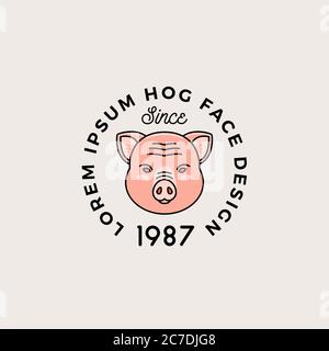 Style de ligne visage de Hog avec Typographie rétro. Modèle de signe, symbole ou logo abstrait vectoriel. Silhouette de tête de cochon. Illustration de Vecteur