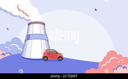 Illustration du vecteur de pollution par émission de CO2. Tour de refroidissement fumeur, brouillard d'usine et micro voiture. Énergie industrielle vectorielle. Illustration de Vecteur