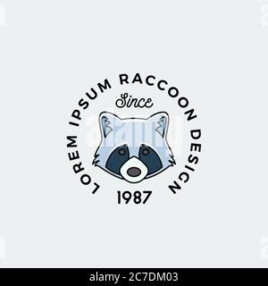 Face Raccoon style ligne avec Typographie rétro. Modèle de signe, symbole ou logo abstrait vectoriel. Silhouette de dessin animé. Illustration de Vecteur