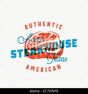 American Steakhouse Vintage Vector Label, Card, Emblem ou logo Template. Typographie rétro et texture de sorbde. Effet d'impression rétro en bleu et rouge Illustration de Vecteur