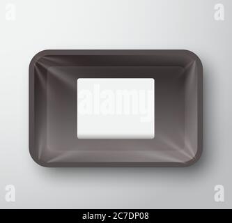 Conteneur vide de plateau alimentaire en plastique noir avec couvercle en cellophane transparent et modèle d'étiquette d'autocollant rectangulaire blanc transparent au centre. Réaliste Illustration de Vecteur