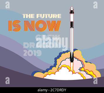 Fusée, vecteur spatial. 2019 mars, 2 lancements de fusée. Vaisseau spatial, flamme et vapeur à poster vectoriel Illustration de Vecteur