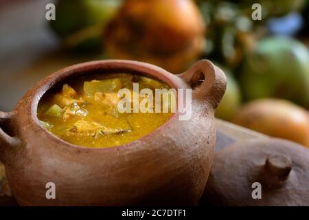 Bouillon de poisson servi dans une casserole d'argile traditionnelle. Cuisine brésilienne typique. Banque D'Images