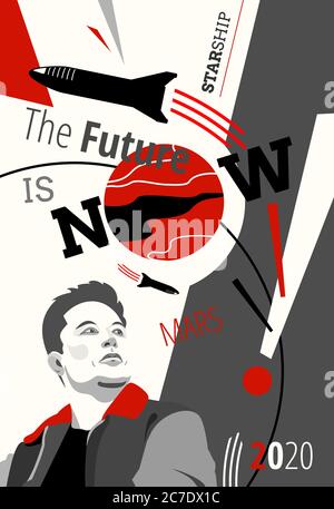 Affiche d'illustration rétro de l'espace Elon Musk fondateur ingénieur en chef Concepteur SpaceX. Style rétro du vecteur Mars de fusée Illustration de Vecteur