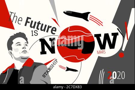 Affiche d'illustration rétro de l'espace Elon Musk fondateur ingénieur en chef Concepteur SpaceX. Style rétro du vecteur Mars de fusée Illustration de Vecteur