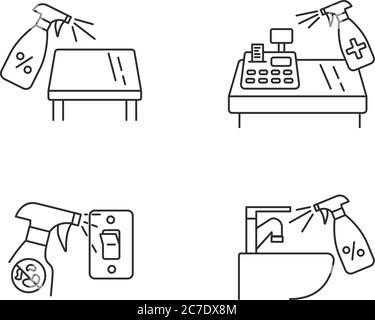 Ensemble d'icônes linéaires pixel Perfect Home stérilisation. Symboles de contour mince personnalisables pour le magasin, le robinet d'évier, l'interrupteur d'éclairage et la désinfection de la table. Isol Illustration de Vecteur