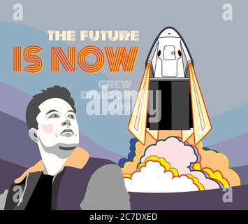 Fusée, vecteur spatial. 2019 mars, 2 lancements de fusée. Vaisseau spatial à poster vectoriel, Elon Musk, flamme, vapeur Illustration de Vecteur