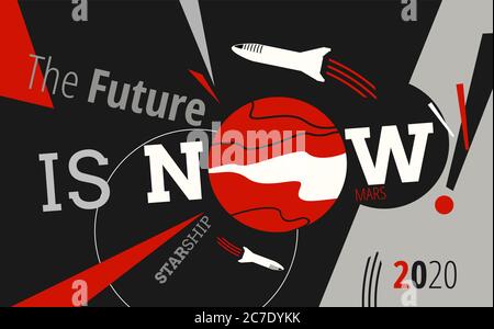 Affiche d'illustration rétro de vaisseau spatial et de vecteur Mars. L'avenir est maintenant art. Vecteur navire de fusée de bande dessinée Illustration de Vecteur
