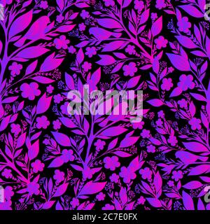 Silhouette d'oiseaux et de branches, feuilles, fleurs, violet vif rose dégradé couleur sans couture motif Illustration de Vecteur