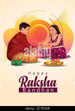 Frère indien et sœur portant un masque chirurgical. Happy Raksha Bandhan festival. Illustration vectorielle de la célébration de Rakhi en inde. Virus corona Covid-19 Illustration de Vecteur