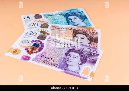Nouveau polymère plastique British, livre anglaise notes, £20, £10, £5 Banque D'Images