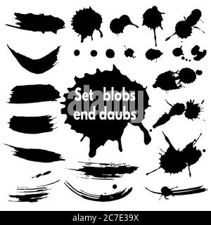 Ensemble de traits et de taches de pinceau noirs, éléments sur fond blanc pour la conception. Illustration de Vecteur