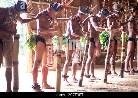 Les hommes indigènes amazoniens exécutent une cérémonie tribale traditionnelle avec des bâtons de cérémonie, portant des coiffes à plumes et de la peinture corporelle, célébrant leur cérémonie Banque D'Images