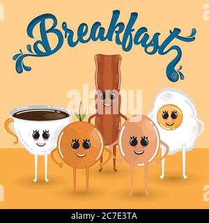Dessin animé pour le petit déjeuner. Dessins animés de tasse de café, orange, bacon et œufs - Vector Illustration de Vecteur