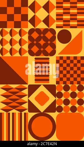 Modèle rétro des années soixante et soixante-dix. Orange, marron et jaune géométrique carreaux vintage fond avec carrés et cercles - graphique de papier peint. Banque D'Images