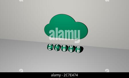 Représentation 3D du nuage avec icône sur le mur et texte disposé par des lettres métalliques cubes sur un sol miroir pour la signification du concept et la présentation du diaporama. Fond et bleu Banque D'Images