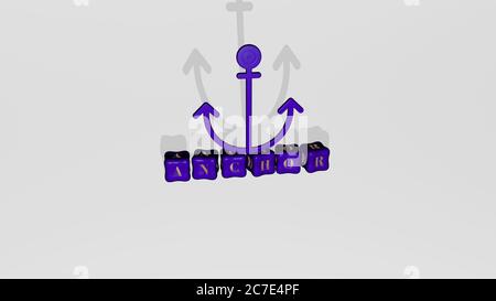 Illustration 3D des graphiques d'ancre et du texte fait par des lettres métalliques de dés pour les significations connexes du concept et des présentations. Fond et bateau Banque D'Images