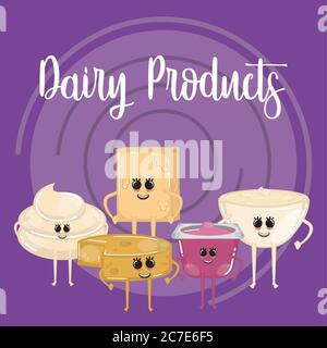 Ensemble de dessins animés de produits laitiers. Dessins animés d'un beurre, fromage, crème et pudding - Vector Illustration de Vecteur