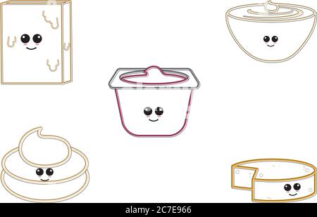 Ensemble de dessins animés de produits laitiers. Dessins animés d'un beurre, fromage, crème et pudding - Vector Illustration de Vecteur