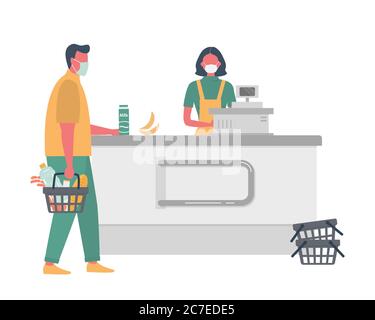 Bannière Web de caissier de supermarché pendant l'épidémie de coronavirus. Une jeune femme dans un masque médical se tient derrière une caisse Illustration de Vecteur