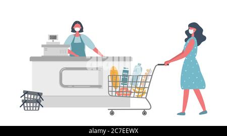 Caissier de supermarché pendant l'épidémie de coronovirus. Une jeune femme dans un masque médical se tient derrière une caisse. L'acheteur porte également un masque de protection Illustration de Vecteur