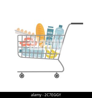 Supermarché panier plein de nourriture et de boissons.il y a un pain, des bouteilles d'eau, un lait, des saucisses, des oeufs et d'autres produits dans la photo. Vecteur Illustration de Vecteur