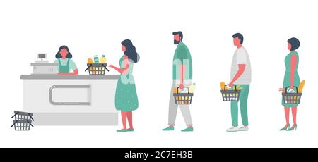 Acheteurs au supermarché. Il y a un caissier de supermarché derrière la caisse. Les acheteurs tiennent les paniers de nourriture dans leurs mains Illustration de Vecteur