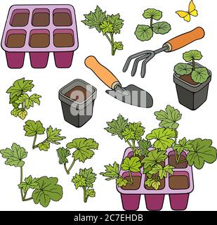 Ensemble de dessins animés de jardin dessinés à la main Illustration de Vecteur