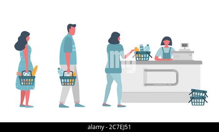 Acheteurs au supermarché. Il y a un caissier de supermarché derrière la caisse. Les acheteurs tiennent les paniers de nourriture dans leurs mains. Vecteur Illustration de Vecteur