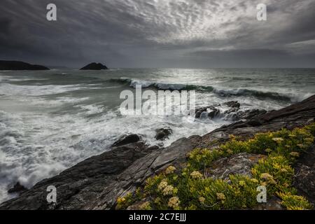 Belle photo d'un ruisseau d'eau qui coule près des falaises rocheuses avec de l'herbe sous un ciel gris Banque D'Images