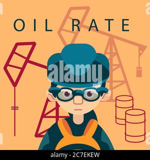 Femme et torrels à l'huile sur fond jaune. Derricks de pétrole pour le site de nouvelles financières ou Web, l'affiche d'affaires, carte d'information. Modèle Web, t-shirt ou ho Illustration de Vecteur