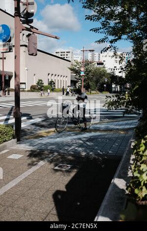 MATSUYAMA, JAPON - 23 septembre 2019 : un cliché vertical d'un homme sur le vélo, qui envoie un message texte sur son téléphone sur le trottoir Banque D'Images