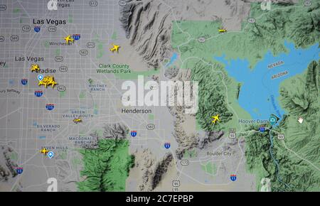 Trafic aérien sur la région de Las Vegas, États-Unis (16 juillet 2020, UTC 21.46) sur Internet avec le site Flightracar 24, pendant la pandémie du coronavirus Banque D'Images