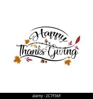 Joyeux Thanksgiving texte de calligraphie avec feuilles vertes illustrées sur fond blanc, vecteur Typographie.EPS 10 Illustration de Vecteur