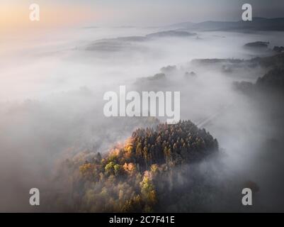 Prise de vue aérienne d'une montagne boisée srouned par le brouillard, de grandes fora fond ou un blog Banque D'Images