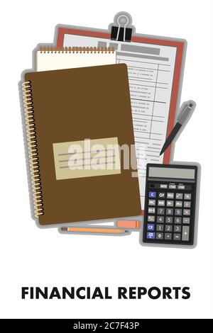 Rapports financiers. Vérification de la documentation fiscale et comptable. Aide à la paperasserie, à la préparation de rapports, à la vérification des données, à la planification. Illustration de Vecteur
