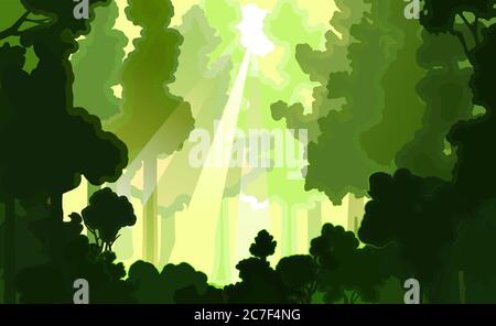 Vecteur de fond de forêt. Illustration d'un paysage en vert. Silhouettes d'arbres, lumière du soleil. Ciel clair, rayons du soleil. Printemps délicat, été Illustration de Vecteur