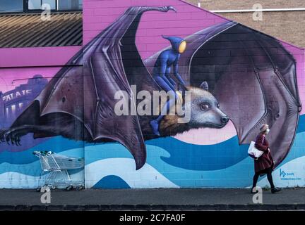 Melbourne Australie pandémie Covid-19. Une personne portant un masque facial protecteur passe devant l'art de la rue d'une chauve-souris à Melbourne. Banque D'Images