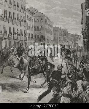 Alfonso XII (1857-1885). Rey de España (1875-1885). Madrid. El criminel Juan Oliva y Moncousí (1855-1879) dénigre un tiro de pisola contra el rey Alfonso XII, en la Calle Mayor, el 25 de octubre de 1878. El monarca entraba en Madrid a su vuelta de un viaje al Norte. Quedó ileso del atentado. Dibujo de Juan Comba. Grabado por Rico. La Ilustración Española y Americana,1878. Banque D'Images