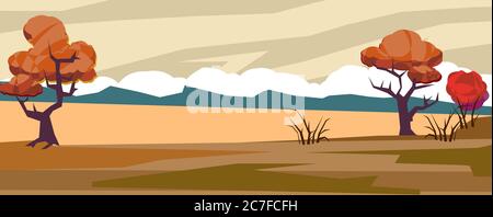 Nature, paysage. Vecteur. Paysage en dessin animé plat style comique. Arbres d'automne, horizon, distance, rochers. Illustration de Vecteur