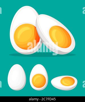 Œufs durs coupés en deux isolés sur fond vert. Icône représentant un œuf de dessin animé. Produits laitiers et épicerie. Concept de maquette de Pâques. Illustration vectorielle plate. Illustration de Vecteur