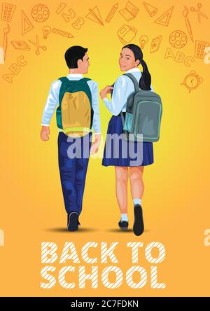 Un garçon et une fille qui marchent pour rentrer à l'école illustration les enfants vont à l'école avec leurs sacs de dos et leurs uniformes scolaires éducation heureux d'étudier Vector il Illustration de Vecteur