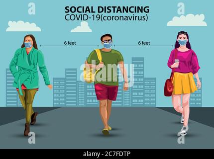 Social distancement, les gens gardant la distance pour le risque d'infection et la maladie, portant un masque médical de protection chirurgical pour prévenir le virus Covid-19.Coron Illustration de Vecteur